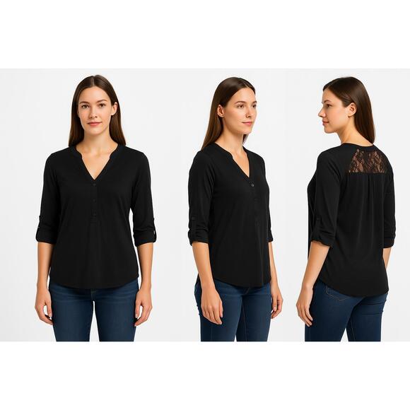 NO BOUNDARIES Shirt Womens Size Small Black Lace Back 34 Sleeve Casual Modern - Picture 1 of 12